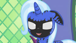 Size: 1600x908 | Tagged: safe, artist:14oliverhedgehog, artist:barrelslover, edit, edited screencap, screencap, trixie, pony, unicorn, g4, fangs, female, floppy ears, grimcute, latex, mask, mind control, parasite, possessed, remake, solo, symbiote, venom