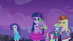 Size: 3072x1727 | Tagged: safe, screencap, applejack, fluttershy, pinkie pie, rainbow dash, rarity, spike, twilight sparkle, dog, human, equestria girls, g4, my little pony equestria girls, bare shoulders, belt, clothes, cowboy hat, cutie mark on clothes, fall formal outfits, female, frown, hairpin, hat, humane five, humane six, male, night, open mouth, sleeveless, spike the dog, strapless, twilight ball dress
