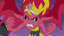 Size: 3072x1727 | Tagged: safe, screencap, sunset shimmer, human, equestria girls, g4, my little pony equestria girls, big crown thingy, canterlot high, element of magic, female, flying, jewelry, night, regalia, solo, spread wings, sunset satan, wings