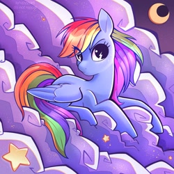 Size: 2500x2501 | Tagged: safe, artist:syrupyyy, rainbow dash, pegasus, pony, g4, cloud, crescent moon, female, high res, lying down, mare, moon, night, prone, solo, stars, wingding eyes
