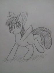 Size: 1200x1600 | Tagged: safe, artist:zokoira, apple bloom, earth pony, pony, g4, apple bloom's bow, bow, female, filly, foal, hair bow, raised hoof, sketch, solo, traditional art