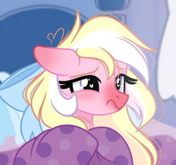 Size: 2097x1970 | Tagged: safe, artist:emberslament, oc, oc only, oc:bay breeze, pegasus, pony, bed, blanket, bow, cute, female, hair bow, heart, heart eyes, heartbreak, mare, messy mane, pegasus oc, pillow, red nosed, sad, sick, solo, wingding eyes