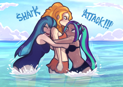 Size: 2893x2039 | Tagged: safe, artist:meliciamelano, adagio dazzle, aria blaze, sonata dusk, human, equestria girls, g4, adagio dazzle is not amused, angry, ariabetes, beach, belly, belly button, bikini, clothes, cloud, cute, dark skin, detailed background, female, high res, hug, human coloration, light skin, ocean, one-piece swimsuit, sibling love, siblings, sisterly love, sisters, sky, slender, smiling, sonatabetes, swimsuit, text, the dazzlings, thin, trio, unamused, water