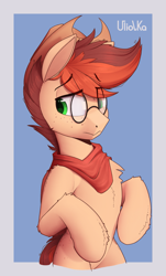 Size: 1209x2000 | Tagged: safe, artist:uliovka, oc, oc only, oc:kayle rustone, pegasus, pony, bipedal, blue background, clothes, cowboy hat, glasses, hat, male, pegasus oc, scarf, simple background, solo