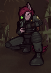 Size: 2039x2893 | Tagged: safe, artist:meliciamelano, pinkie pie, earth pony, anthro, plantigrade anthro, g4, aiming, alternate timeline, apinkalypse pie, apocalypse, armor, blood, boots, crystal war timeline, gun, high res, looking at you, pinkamena diane pie, rifle, shoes, sniper, solo, weapon