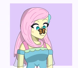 Size: 3200x2808 | Tagged: safe, artist:doggorob, fluttershy, butterfly, human, equestria girls, g4, blushing, butterfly on nose, clothes, female, high res, insect on nose, pink hair, simple background, solo