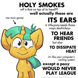 Size: 1080x1080 | Tagged: safe, artist:kukie, snails, pony, unicorn, g4, arrow, colt, cute, diasnails, foal, freckles, horn, looking at you, male, meme, ponified meme, simple background, smiling, solo, text, white background