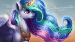 Size: 1920x1080 | Tagged: safe, artist:camyllea, princess celestia, alicorn, pony, crown, glowing, glowing horn, horn, jewelry, lacrimal caruncle, magic, peytral, regalia, smiling, solo, spread wings, sternocleidomastoid, wings