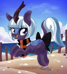 Size: 2260x2479 | Tagged: safe, artist:spookyle, oc, oc only, oc:moonlit breeze, kirin, beach, bow, clothes, cloud, female, high res, kirin oc, scarf, sky, solo, striped scarf, tail, tail bow, water, winter