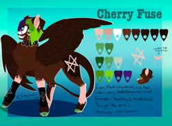 Size: 2048x1496 | Tagged: safe, artist:inisealga, oc, oc only, oc:cherry fuse, pony, succubus, coat markings, colored pupils, cutie mark, devil tail, dyed mane, facial markings, female, looking at you, mare, reference sheet, smiling, smiling at you, socks (coat markings), spread wings, tail, wings