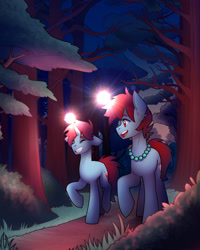 Size: 1280x1600 | Tagged: safe, artist:magicstarfriends, oc, oc only, pony, unicorn, duo, forest, glowing, glowing horn, horn, path, unicorn oc, walking
