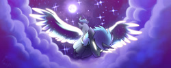 Size: 1280x512 | Tagged: safe, artist:magicstarfriends, oc, oc only, alicorn, pony, alicorn oc, flying, horn, moon, sky, solo, stars, wings