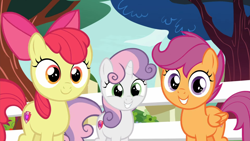 Size: 1920x1080 | Tagged: safe, screencap, apple bloom, scootaloo, sweetie belle, earth pony, pegasus, pony, unicorn, g4, marks for effort, season 8, 1080p, adorabloom, apple bloom's bow, bow, cute, cutealoo, cutie mark crusaders, cutie mark cuties, daaaaaaaaaaaw, diasweetes, female, filly, foal, folded wings, hair bow, looking at you, smiling, the cmc's cutie marks, trio, trio female, wings
