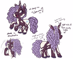 Size: 2273x1853 | Tagged: safe, artist:shauna j. grant, idw, violette rainbow, pony, unicorn, g5, spoiler:comic, spoiler:g5comic, spoiler:g5comic14, coat markings, colored hooves, concept art, cutie mark, dreadlocks, eyebrows, female, filly, foal, high res, hoof on cheek, multeity, open mouth, open smile, reference sheet, simple background, smiling, solo, violettebetes, vitiligo, white background