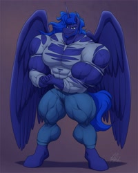 Size: 2601x3248 | Tagged: safe, artist:ponyanony, princess luna, alicorn, anthro, unguligrade anthro, g4, abs, beard, biceps, bodybuilder, clothes, facial hair, flexing, front view, high res, male, muscles, muscular male, overdeveloped muscles, prince artemis, rule 63, solo, thighs, thunder thighs, tight clothing, torn clothes