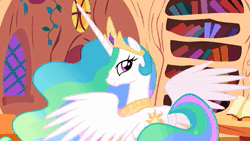 Size: 1920x1080 | Tagged: safe, edit, edited screencap, editor:kanw, screencap, princess celestia, alicorn, pony, g4, lesson zero, animated, bill wurtz, blinking, butt, crown, golden oaks library, i watch it for the plot, jewelry, library, looking at you, looking back, looking back at you, meme, plot, praise the sun, regalia, religion, smiling, solo, sound, spread wings, sunbutt, webm, wings
