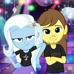 Size: 1920x1920 | Tagged: safe, artist:grapefruit-face, trixie, oc, oc:grapefruit face, human, equestria girls, g4, blue oyster cult, canon x oc, clothes, duo, female, grapexie, leaning, lidded eyes, looking at you, male, shipping, shirt, signature, smiling, smirk, straight, t-shirt, toto (band)
