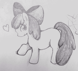 Size: 944x856 | Tagged: safe, artist:joemkmk, apple bloom, earth pony, pony, g4, apple bloom's bow, bow, female, filly, floating heart, foal, hair bow, heart, simple background, solo, traditional art, white background