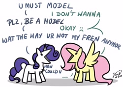 Size: 4093x2894 | Tagged: safe, artist:julunis14, fluttershy, rarity, pegasus, pony, unicorn, series:my little honses, g4, green isn't your color, ..., :v, dialogue, digital art, duo, duo female, female, high res, hypocritical humor, mare, misspelling, parody, raribitch, scene interpretation, signature, silly, speech, talking, what the hay?