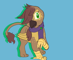 Size: 2680x2176 | Tagged: safe, artist:skunkstripe, oc, oc only, oc:meteor mirage, griffon, blue background, clothes, green eyes, griffon oc, griffonized, high res, scarf, simple background, solo, species swap
