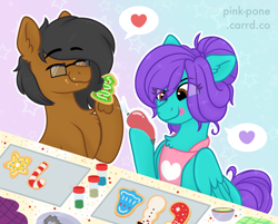 Size: 1800x1450 | Tagged: safe, artist:pink-pone, oc, oc only, oc:notetaker, oc:swing time, earth pony, pegasus, pony, cookie, duo, earth pony oc, eating, female, food, heart, mare, pegasus oc, speech bubble, tongue out