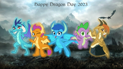 Size: 5359x3009 | Tagged: safe, artist:php170, ocellus, princess ember, smolder, spike, oc, oc:frosty, oc:frosty the dragon, dragon, g4, disguise, disguised changeling, dragon day, dragon oc, dragon ocellus, dragoness, female, flying, glowing, group, horn, looking at you, male, mountain, non-pony oc, peace sign, rock, sitting, sky, skyrim, smiling, smiling at you, snow, spike day, tail, teenaged dragon, the elder scrolls, vector, wallpaper, waving at you, winged spike, wings