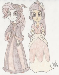 Size: 1103x1400 | Tagged: safe, artist:bageloftime, rarity, twilight sparkle, alicorn, human, equestria girls, g4, clothes, coronation dress, dress, duo, equestria high's paper imposters, fake rarity, fake twilight, female, gown, humanized, long dress, long skirt, paper, paper imposter, paper rarity, paper twilight, skirt, traditional art, twilight sparkle (alicorn)