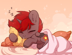 Size: 2200x1700 | Tagged: safe, artist:avroras_world, oc, oc only, oc:hardy, alicorn, pony, alicorn oc, blanket, ear fluff, eyes closed, horn, male, male alicorn, male alicorn oc, onomatopoeia, pillow, sleeping, slender, solo, sound effects, stallion, thin, wings, zzz