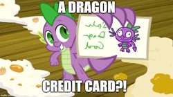 Size: 888x499 | Tagged: safe, artist:mlpfan3991, spike, dragon, g4, my little pony: friendship is magic, spike at your service, bat credit card, batman and robin, card, dragon code, impact font, male, meme, nostalgia critic, solo