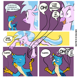 Size: 3000x3000 | Tagged: safe, artist:skunkstripe, gallus, silverstream, griffon, hippogriff, g4, balloon, breaking the fourth wall, comic, confused, dialogue, dumb yung-six comics, duo, female, fourth wall, happy, high res, literal, male, pun, question mark, speech bubble