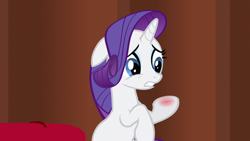 Size: 1280x720 | Tagged: safe, screencap, rarity, pony, unicorn, g4, magic duel, eyeshadow, floppy ears, gritted teeth, injured, makeup, ouch, solo, sore, teeth