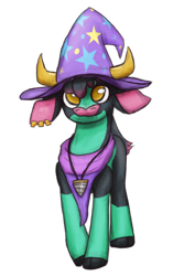 Size: 800x1200 | Tagged: safe, artist:hiddelgreyk, oc, oc:zelckip, cow, 2023 community collab, derpibooru community collaboration, bandana, bovine oc, clothes, cloven hooves, community related, drill, ear piercing, glue cup (tfh), gold, hat, jewelry, lightly watermarked, looking at you, pendant, piercing, redesign, simple background, solo, standing, transparent background, trixie's hat, watermark, yellow eyes