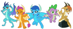 Size: 4445x1787 | Tagged: safe, artist:php170, ocellus, princess ember, smolder, spike, oc, oc:frosty, oc:frosty the dragon, dragon, g4, disguise, disguised changeling, dragon day, dragon oc, dragon ocellus, dragoness, female, flying, group, high res, horn, looking at you, male, non-pony oc, peace sign, rock, simple background, sitting, smiling, smiling at you, spike day, tail, teenaged dragon, transparent background, vector, waving at you, winged spike, wings