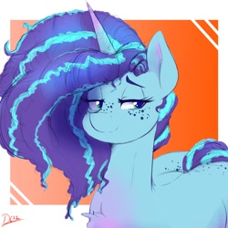 Size: 1500x1500 | Tagged: safe, artist:thelunarmoon, misty brightdawn, pony, unicorn, g5, abstract background, body freckles, chest fluff, curly mane, female, freckles, lidded eyes, looking at you, mare, smiling, solo