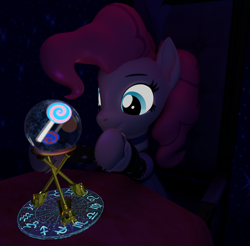 Size: 1920x1890 | Tagged: source needed, useless source url, safe, artist:kamimation, pinkie pie, earth pony, pony, g4, 3d, blender, candy, crystal ball, food, fortune teller, glowing, glowing eyes, hooves, lollipop, looking at something, scepter, smiling, solo, twilight scepter, zodiac