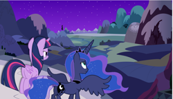 Size: 786x453 | Tagged: safe, artist:broxome, edit, vector edit, princess luna, twilight sparkle, alicorn, pony, g4, butt, crown, duo, duo female, female, jewelry, looking down, mare, night, plot, regalia, spread wings, twibutt, twilight sparkle (alicorn), vector, wings