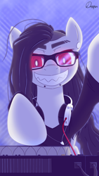 Size: 1080x1920 | Tagged: safe, artist:dmann892, earth pony, pony, clothes, ear piercing, earring, glasses, glowing, glowing eyes, headphones, jewelry, lip piercing, male, necklace, piercing, ponified, sharp teeth, shirt, skrillex, smiling, snake bites, solo, stallion, teeth