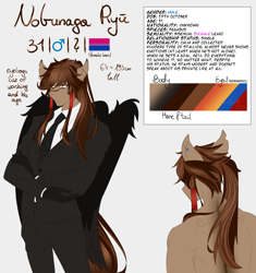 Size: 3000x3197 | Tagged: safe, artist:carbutt69, oc, oc only, oc:nobunaga ryuu, pegasus, anthro, bags under eyes, black wings, ceo, character info, clothes, daddy, hair tie, high res, male, multicolored hair, older, ponytail, reference sheet, solo, stripe, suit, wings