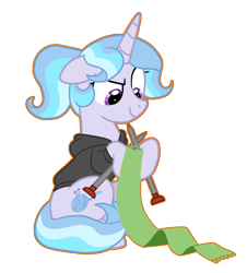 Size: 2046x2259 | Tagged: safe, artist:queertrixie, oc, oc only, oc:knitty needles, pony, unicorn, clothes, ears back, female, high res, hoodie, knitting, knitting needles, mare, outline, simple background, solo, transparent background