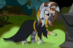 Size: 1670x1100 | Tagged: safe, artist:anonymous, nightmare moon, zecora, spider, zebra, g4, luna eclipsed, my little pony: friendship is magic, /ptfg/, clothes, costume, female, human to zebra, light skin, mid-transformation, nightmare night, nightmare night costume, show accurate, smiling, solo, statue, transformation