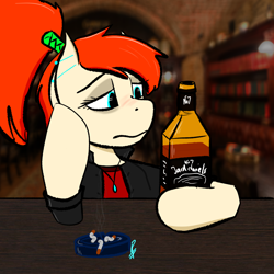 Size: 2048x2048 | Tagged: safe, artist:raw16, oc, oc:ray muller, pegasus, pony, alcohol, cigarette, clothes, collar, high res, jack daniels, jacket, lonely, piercing, ponytail, sad, solo, table