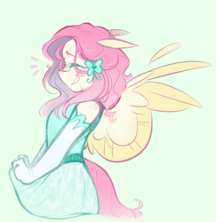 Size: 1569x1611 | Tagged: safe, artist:torridliner, fluttershy, butterfly, pegasus, anthro, g4, breasts, chestbreasts, clothes, colored, curly hair, cute, dress, ears back, equine, floppy ears, fluffy, fluffy mane, fluffy tail, grin, happy, laughing, looking away, pink, princess, shy, sidemouth, sketch, smiling, solo, spread wings, tail, wings