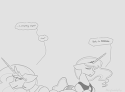 Size: 1536x1132 | Tagged: safe, artist:averysweatyboy, princess celestia, princess luna, alicorn, pony, crown, dialogue, duo, duo female, female, floppy ears, gray background, grayscale, jewelry, mare, monochrome, regalia, royal sisters, siblings, simple background, sisters, speech bubble, uncomfortable