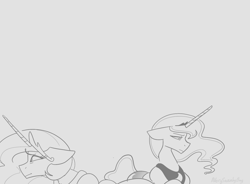 Size: 1536x1132 | Tagged: safe, artist:averysweatyboy, princess celestia, princess luna, alicorn, pony, crown, duo, duo female, female, floppy ears, gray background, grayscale, jewelry, mare, monochrome, regalia, royal sisters, siblings, simple background, sisters, uncomfortable