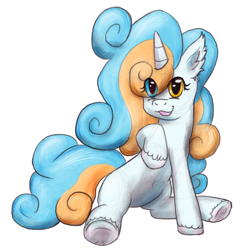 Size: 1000x1000 | Tagged: safe, artist:hiddelgreyk, oc, oc only, oc:tide, pony, unicorn, 2023 community collab, derpibooru community collaboration, belly, belly button, blue eyes, blue mane, ear fluff, eye clipping through hair, female, heterochromia, horn, looking at you, open mouth, orange eyes, orange mane, simple background, sitting, solo, tail, transparent background, two toned mane, two toned tail, unicorn oc, white coat