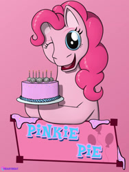 Size: 1500x1995 | Tagged: safe, artist:passionpanther, pinkie pie, earth pony, pony, g4, cake, food, gradient background, hoof hold, name tag, one eye closed, raised hoof, smiling, solo, sprinkles, wink