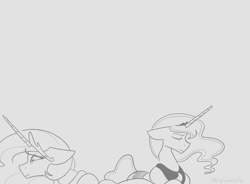 Size: 1536x1132 | Tagged: safe, artist:averysweatyboy, princess celestia, princess luna, alicorn, pony, crown, duo, duo female, eyes closed, female, floppy ears, gray background, grayscale, jewelry, mare, monochrome, regalia, royal sisters, siblings, simple background, sisters, uncomfortable