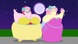 Size: 2560x1440 | Tagged: safe, artist:neongothic, fluttershy, pinkie pie, human, equestria girls, g4, bbw, big breasts, bingo wings, breasts, busty fluttershy, busty pinkie pie, camera, chubby cheeks, cleavage, double chin, duo, duo female, eyes closed, fat, fat fetish, fattershy, female, fetish, fork, huge breasts, impossibly large breasts, jewelry, morbidly obese, necklace, obese, peace sign, piggy pie, pudgy pie, selfie, ssbbw, weight gain