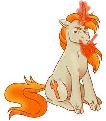 Size: 1231x1398 | Tagged: safe, artist:fizzmitz, oc, oc only, oc:tekkitbeasting, pony, unicorn, 2023 community collab, derpibooru community collaboration, curved horn, ear fluff, emoji, hand, horn, long mane, long tail, magic, magic hands, male, simple background, sitting, solo, stallion, tail, thinking, transparent background, 🤔