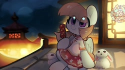 Size: 1920x1080 | Tagged: safe, artist:oofycolorful, oc, oc only, pegasus, pony, rabbit, animal, china, chinese new year, clothes, dress, eating, eye clipping through hair, food, lunar new year, solo, wind, windswept mane, year of the rabbit